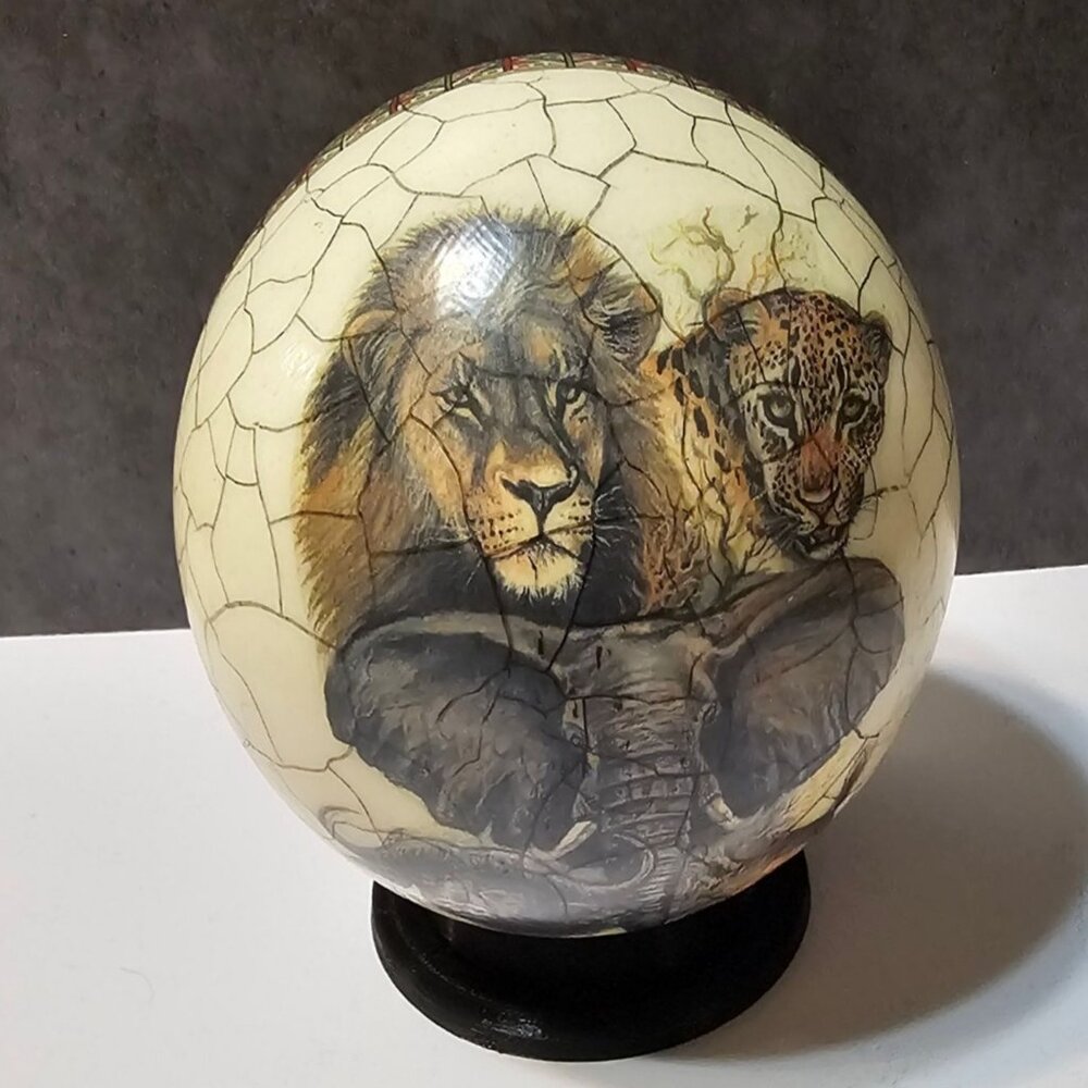Decoupage Ostrich Egg  African Big Five  Crackle Finish On Stand African Art